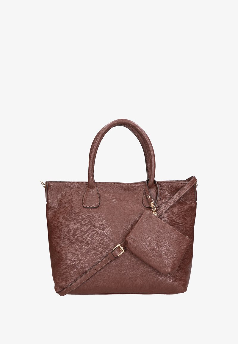 Sac fourre-tout en cuir marron avec une finition texturée, deux poignées et une bandoulière amovible. Comprend une petite pochette assortie.