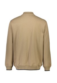 Felpa beige con polsini e orlo a costine, colletto classico e texture morbida. Senza grafiche o motivi visibili sul retro.