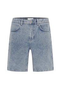 Light blue denim shorts with a classic cut, featuring front pockets and a button closure, showcasing a faded, textured appearance.