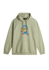 Lichtgroene hoodie met een voorzak, voorzien van een kleurrijke grafiek van een schedelpersonage dat een drankje vasthoudt. Zacht materiaal, ontspannen pasvorm.