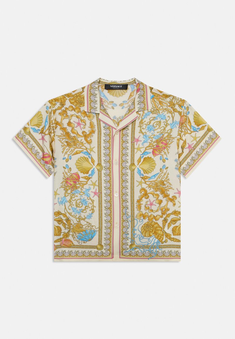 Īsām piedurknēm krekls krēmkrāsā ar zelta, rozā un zilu jūras tēmu rakstiem, pogām un apkakles dizainu.