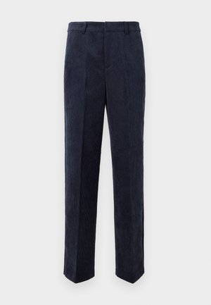 Pantaloni in corduroy blu navy con vestibilità dritta, caratterizzati da una texture liscia, pieghe frontali e una vita standard.