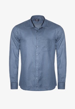 Langärmliges Hemd mit Knöpfen in einem blau und navy karierten Muster, aus Baumwolle mit einer einzelnen Brusttasche und Standardkragen.