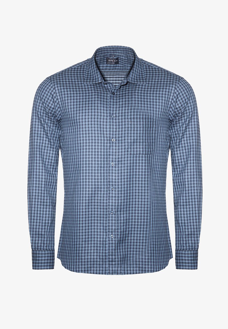 Langärmliges Hemd mit Knöpfen in einem blau und navy karierten Muster, aus Baumwolle mit einer einzelnen Brusttasche und Standardkragen.