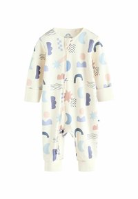 Langærmet babybodystocking med en cremefarvet baggrund og farverige geometriske mønstre af skyer, måner og stjerner, med lynlås foran.