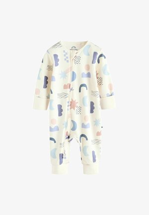 Pitkähihaista vauvan bodya, jossa on kerma tausta ja värikkäitä geometrisia kuvioita pilvistä, kuukausista ja tähdistä, edestä vetoketjullinen.