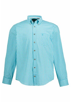 Himmelblau und weiß kariertes Langarmhemd mit Button-Down-Kragen, Brusttasche und braunen Knöpfen. Glatte Baumwolltextur.