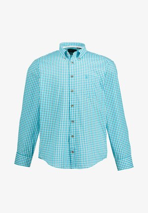 Camicia a maniche lunghe a scacchi blu chiaro e bianca con colletto button-down, tasca sul petto e bottoni marroni. Texture di cotone liscia.