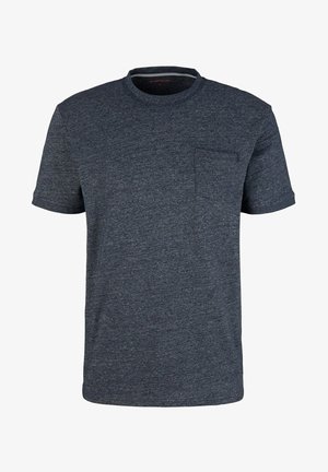 Tmavě šedé tričko s krátkým rukávem a kulatým výstřihem, s malou kapsičkou na hrudi, vyrobené z měkké melírované tkaniny.