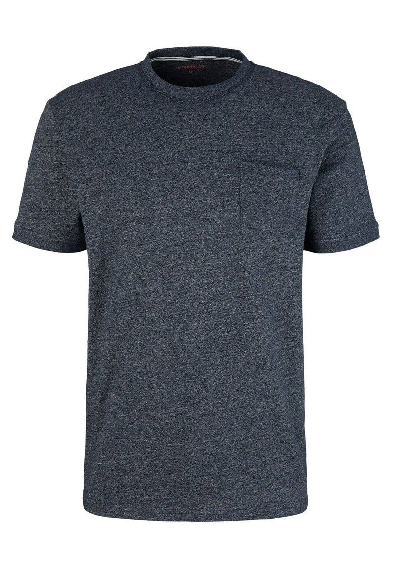 Dark gray short-sleeve crew neck t-shirt with a small chest pocket, made of soft heathered fabric.