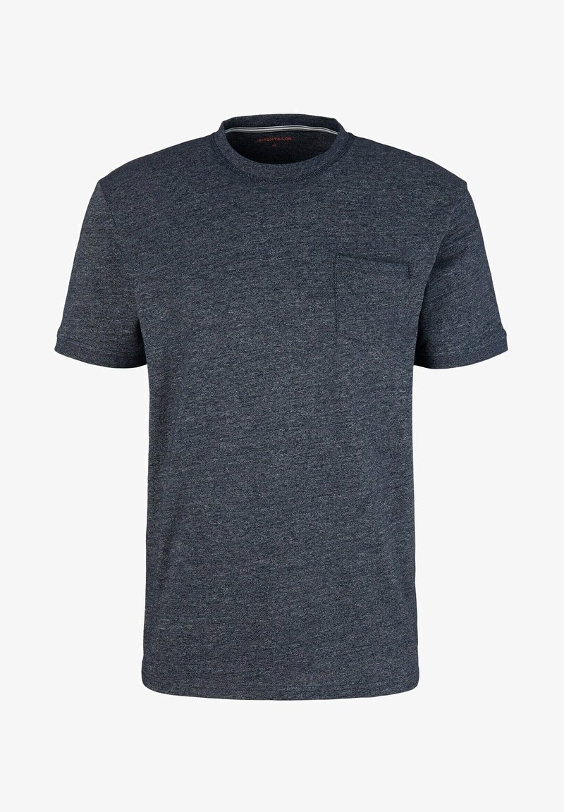 Dark gray short-sleeve crew neck t-shirt with a small chest pocket, made of soft heathered fabric.