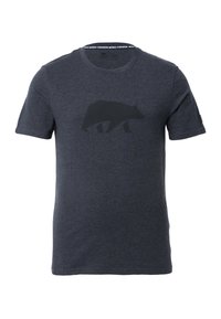 Camiseta de algodón gris oscuro para hombre con un diseño de silueta de oso negro en el frente. Mangas cortas y cuello redondo.