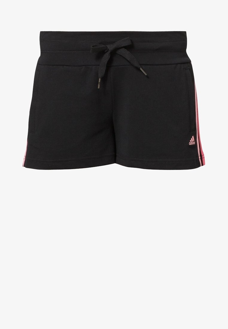 Černé sportovní šortky z měkkého materiálu, s výrazem na stažení v pase, růžovými bočními pruhy a logem Adidas na spodní přední části.