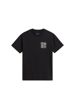 Zwart katoenen T-shirt met een ronde hals, voorzien van een kleine contrasterende afbeelding in crèmekleur op de linkerborst. Korte mouwen, normale pasvorm.