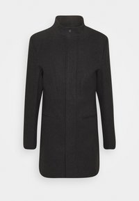 Cappotto nero in lana con collo alto, maniche lunghe, due tasche frontali e un design minimalista con chiusura centrale a bottoni.