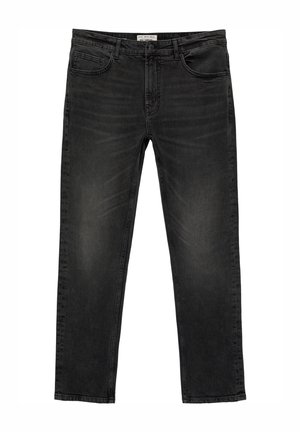 Jean en denim noir à coupe droite, avec une finition délavée, cinq poches et une fermeture à bouton. Le tissu a une texture lisse.