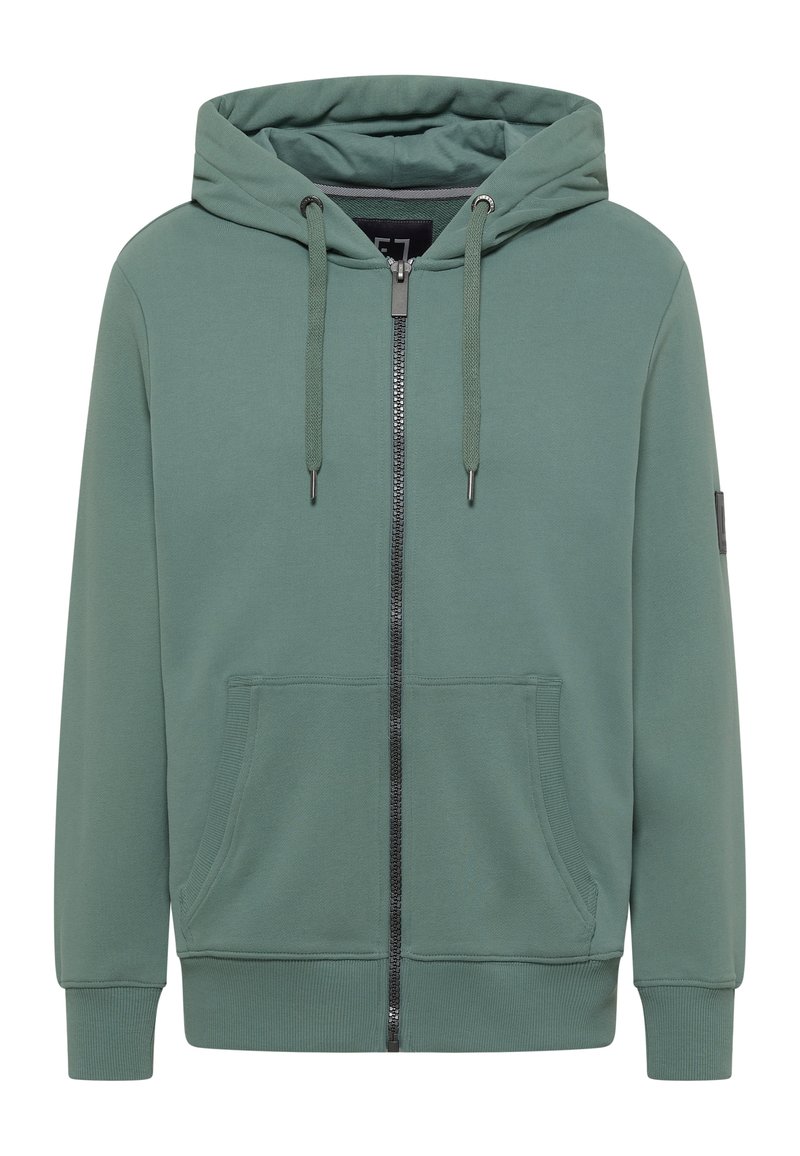 Kapuzensweatshirt mit Reißverschluss aus grünem Baumwollgemisch. Verfügt über zwei Fronttaschen, einen Kordelzug und gerippte Bündchen. Glatte Textur mit minimalen Details.