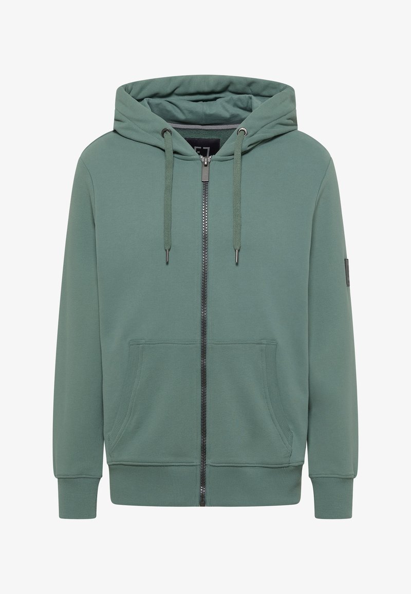 Kapuzensweatshirt mit Reißverschluss aus grünem Baumwollgemisch. Verfügt über zwei Fronttaschen, einen Kordelzug und gerippte Bündchen. Glatte Textur mit minimalen Details.