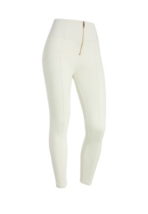 Leggings bianchi a vita alta con tasca posteriore con zip, texture liscia e cuciture a vista, progettati per comfort e flessibilità.