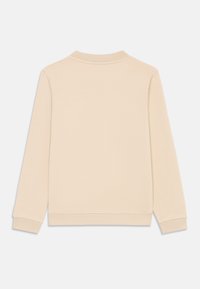 Svetle béžová mikina s dlouhým rukávem, kulatým výstřihem a žebrovanými manžetami. Hladká textura, minimalistický design, žádné viditelné švy nebo vzory.