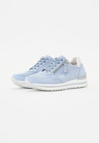Light blue suede sneakers with mesh detailing, a side zipper, and a white sole. Grey accents on the heel complete the sporty design.