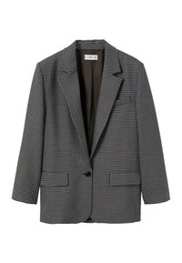 Czarno-biała marynarka w deseń houndstooth z wyciętymi klapami, z pojedynczym zapięciem na guzik oraz dwoma przednimi kieszeniami; podszewka wewnętrzna.