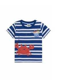 Blå- og hvidstribet T-shirt lavet af bomuld, med et rødt krabbe-grafik og en spand med en skovl på brystområdet.