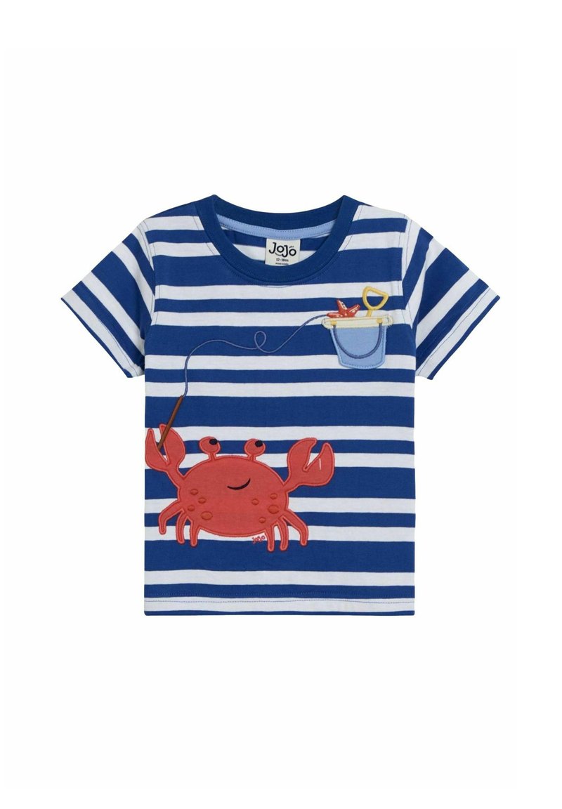 Blå- og hvidstribet T-shirt lavet af bomuld, med et rødt krabbe-grafik og en spand med en skovl på brystområdet.