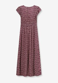 Robe longue sans manches de couleur violet profond avec un corsage froncé. Présente un motif floral en rose pâle et des manches courtes. Tissu doux.