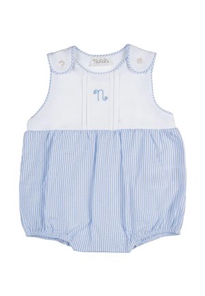 Tutina per neonati a righe bianche e blu con spalle senza maniche e bottoni e lettera "N" blu ricamata sul petto.