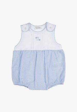 Wit-blauw gestreepte baby romper met mouwloze, met knopen gesloten schouders en geborduurde blauwe letter "N" op de borst.