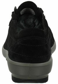 Black suede sneaker with a rounded toe and a gray rubber sole. The back features stitched accents and a padded collar for comfort.