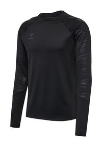 Maglietta sportiva nera a maniche lunghe con una texture liscia, caratterizzata da dettagli a motivi sulle spalle. Logo Hummels esposto sul fronte.