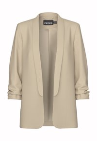 Béžový blazer vyrobený z hladkého materiálu, s šálovým límcem, otevřeným předním dílem a ohrnutými rukávy pro uvolněný vzhled.