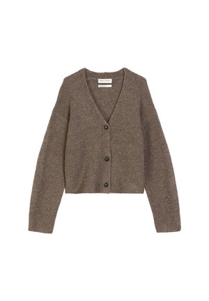 Bruine textuur cardigan met een v-hals, lange mouwen en vijf zwarte knopen aan de voorkant. Gemaakt van zachte materialen, cropped ontwerp.
