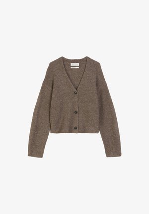Brown textured cardigan with a v-neck, long sleeves, and five black buttons down the front. Made from soft material, cropped design.