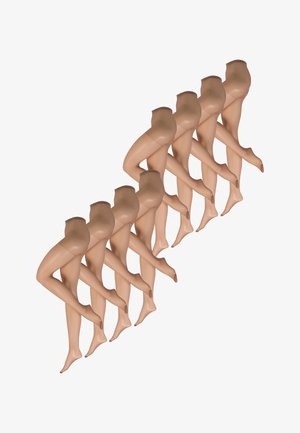 Hautfarbene Strumpfhosen in versetzter Anordnung, die eine transparente Textur, ein weiches Finish und ein Design mit mittlerer Oberschenkellänge zeigen.