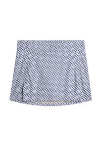 Kort plisserad kjol med ett blått och vitt geometriskt mönster, tillverkad av lätt material med en rak midjeband och en slät textur.