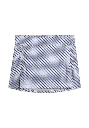 Short pleated skirt featuring a blue and white geometric pattern, made of lightweight material with a flat waistband and smooth texture.