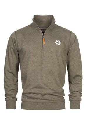 Olivgrüner Halbzip-Pullover aus strukturiertem Stoff. Mit langen Ärmeln, gerippten Bündchen und einem Logo auf der linken Brust.