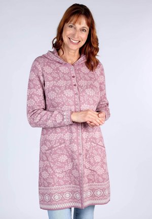 Long pink floral-patterned hooded coat, featuring a button front, two large pockets, and decorative trim along the hem and sleeves.