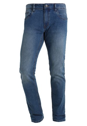 Jeans i mørkeblåt denim, slim fit design, fem-lomme stil, med synlig knap og lynlåslukning, med let falmning på forsiden.
