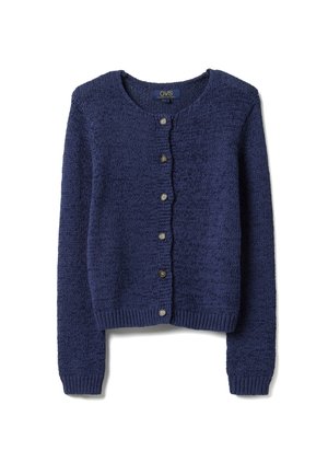 Cárdigan de punto azul marino con mangas largas y seis botones delanteros, con cuello redondo y puños y bajo acanalados.