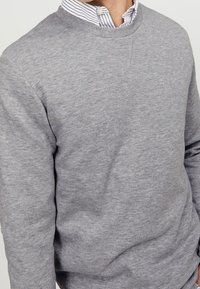 Felpa grigia in tessuto morbido, con scollo rotondo e polsini a costine. Indossata sopra una camicia bianca a righe blu con colletto.