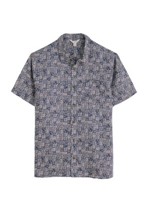 Kurzarmhemd in Marineblau und Creme, mit einem geometrischen Muster aus verschiedenen Formen. Vorderer Knopfverschluss und Design mit Camp-Kragen.