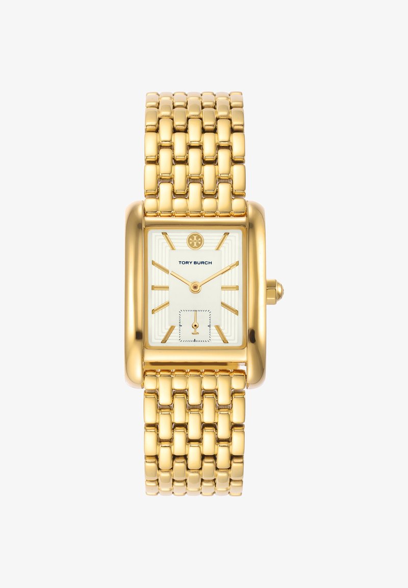 Gold-tone rectangular Tory Burch wristwatch with linked bracelet, white dial, gold hour markers, and small seconds subdial at 6 o'clock.