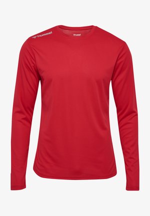 Rode lange mouw sportshirt van lichtgewicht stof. Heeft een ronde halslijn en een Hummel-logo op de linker schouder. Gladde textuur.