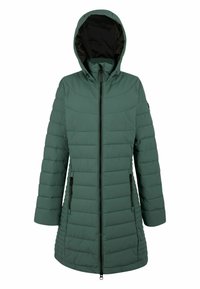 Veste d'hiver longue matelassée verte avec capuche, fermeture éclair intégrale à l'avant et poches latérales zippées, conçue pour les temps froids.