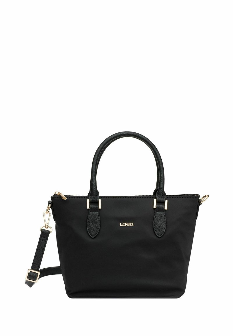 Borsa nera realizzata in un tessuto elegante, con doppi manici, una tracolla removibile, hardware color oro e un logo discreto sul davanti.