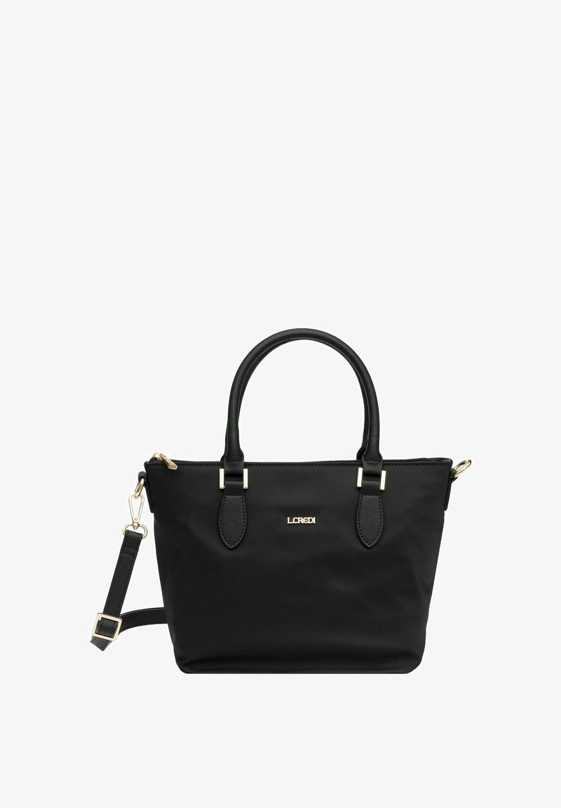 Borsa nera realizzata in un tessuto elegante, con doppi manici, una tracolla removibile, hardware color oro e un logo discreto sul davanti.